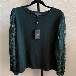 Adrianna Papell Hunter Green Lace Sleeve Beteau Neck Pullover Sweater